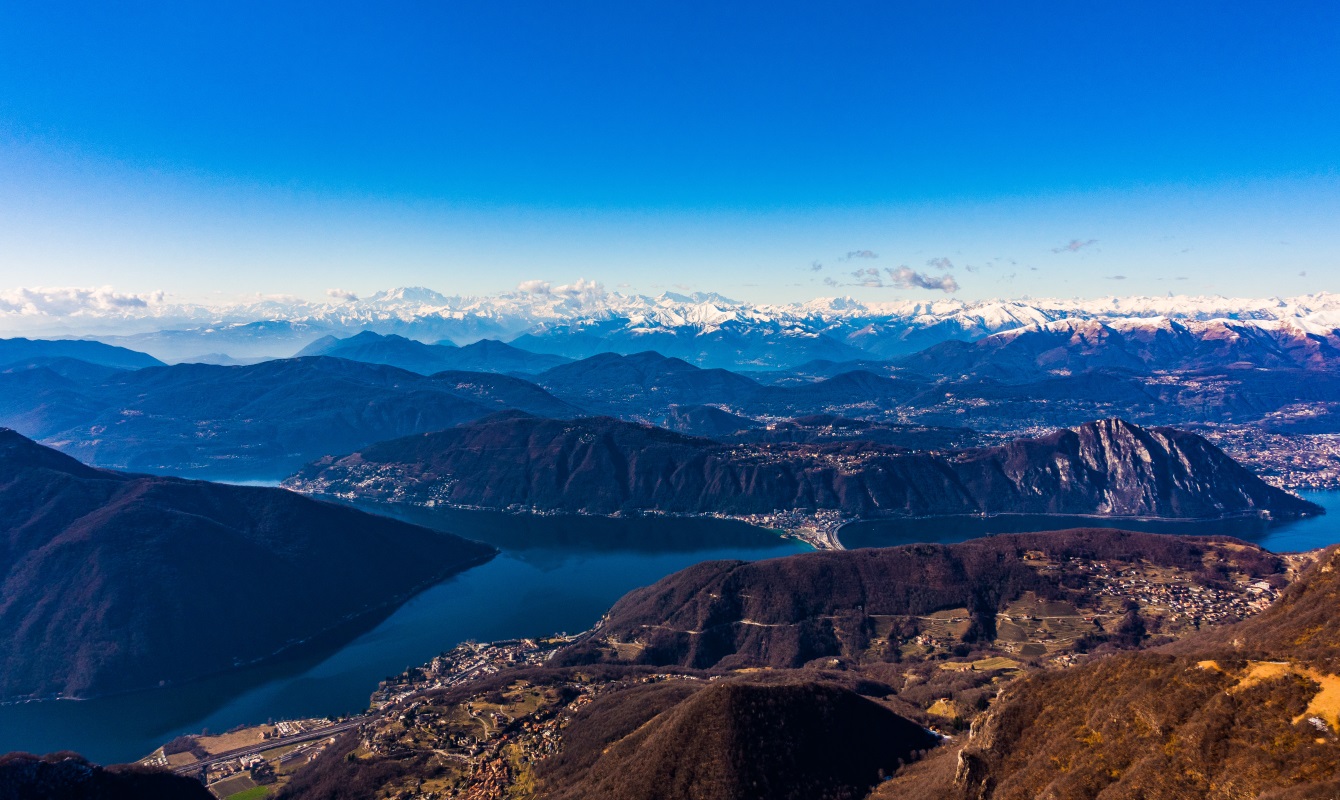The amazing view from the top, Lake Lugano below and the Monte Rosa range in the distance
