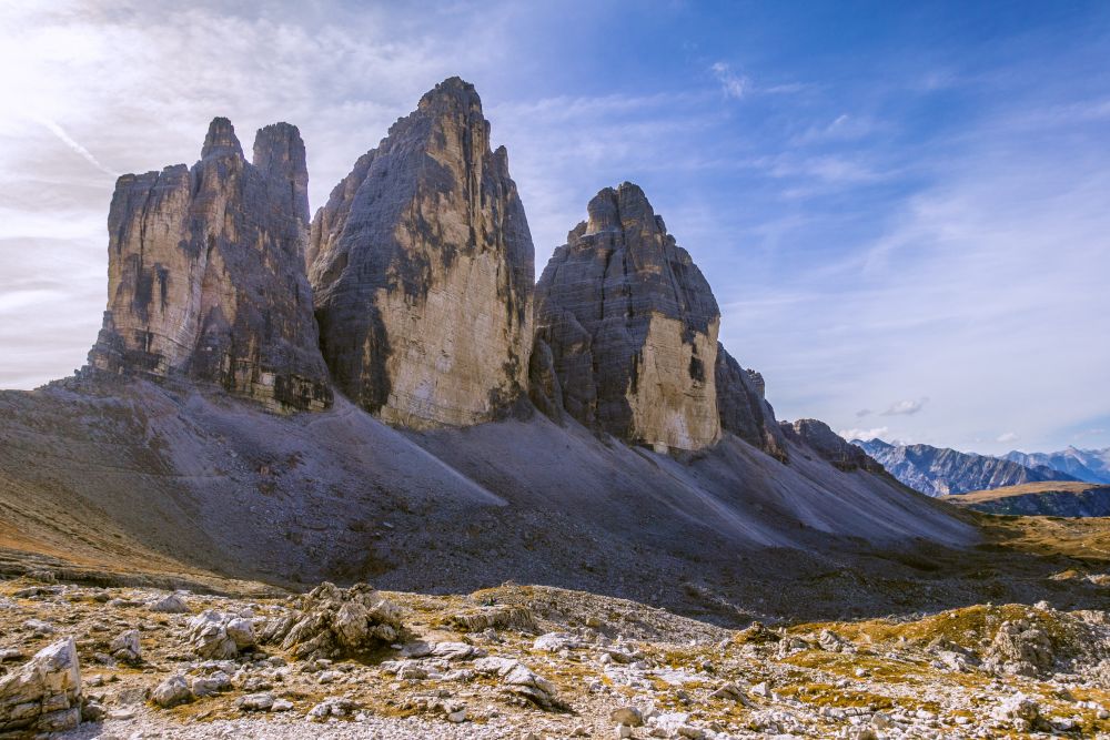 The impressive view of the Tre Cime on the way to the equally named hut